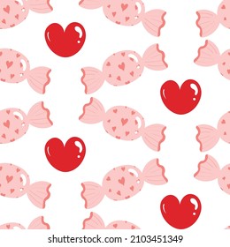 Seamless background with pink candy and red hearts, Valentine's day background pattern for wallpaper, decoration. Romantic love pattern, food and sweets decoration.