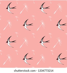 seamless background, pink color, spring mood creates swallows and dandelion seeds. Suitable for banner, cover, wallpaper on the wall and textiles. Living coral