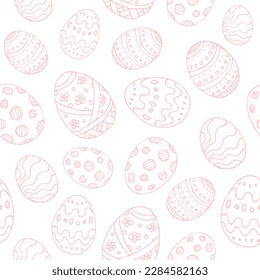 Seamless background with pink contour Easter eggs on a white background. Stylized Easter eggs with patterns