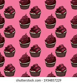 Seamless background of pink cupcakes, flat style, cartoon style, pink background, backdrop, muffin, cream, pink, fashion, wallpaper, gift paper, fabric, print, cafe, shop, magazine, pattern, textile