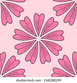 Seamless background with pink decorative flowers on light pink background. Endless pattern for your design. Vector.   
