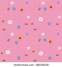 Seamless background of pink denim with scattered buttons