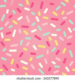 Seamless background. Pink donut glaze or ice cream top with many decorative sprinkles.