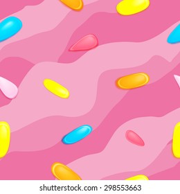 Seamless background with pink donut glaze and decorative sprinkles. Colorful donut's seamless pattern. Sugar donut's decoration.