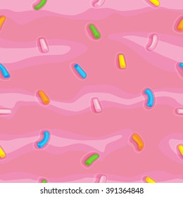 Seamless background with pink donut glaze and decorative sprinkles. Colorful seamless pattern of donut glaze . Decoration background for candy shop or sweets shop.