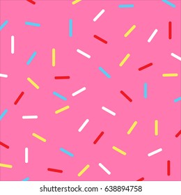 Seamless background with pink donut glaze. Decorative bright sprinkles texture pattern design