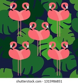Seamless background of Pink Flamingos in palm forest. Flamingo mosaic. Cute cartoon. Vector illustration. Can be used for wallpaper, textile, invitation card, wrapping, web page background.
