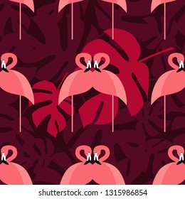 Seamless background of Pink Flamingos in palm forest. Flamingo mosaic. Cute cartoon. Vector illustration. Can be used for wallpaper, textile, invitation card, wrapping, web page background.