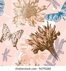 Seamless background with pink flowers blooming, butterflies and dragonflies, hand-drawing. Vector.