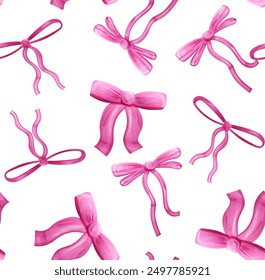 Seamless background with pink girly hair bow in simple style. Vector illustration