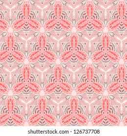 Seamless background. Pink leaves and wavy triangles.
