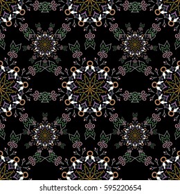 Seamless background. Pink, orange and green ornament on a black background. Floral seamless pattern. Wallpaper baroque, damask.