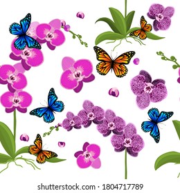 Seamless background with pink orchids. Delicate beautiful flower with butterflies. Vector illustration
