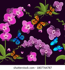 Seamless background with pink orchids. Delicate beautiful flower with butterflies. Vector illustration