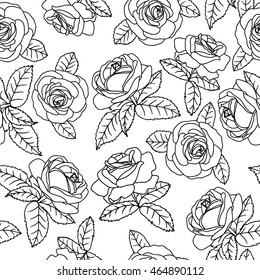 Seamless background with pink outline roses on white background