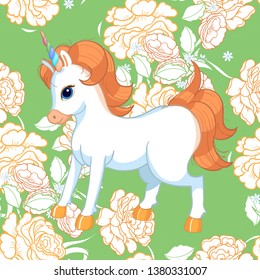 Seamless background with pink roses and cute baby unicorn. Ornamental pattern with beautiful garden floral motif. Great for fabric and textile, wallpaper, packaging or any desired idea.