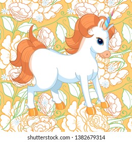 Seamless background with pink roses and cute baby unicorn. Ornamental pattern with beautiful garden floral motif. Great for fabric and textile, wallpaper, packaging or any desired idea.