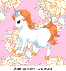 Seamless background with pink roses and cute baby unicorn. Ornamental pattern with beautiful garden floral motif. Great for fabric and textile, wallpaper, packaging or any desired idea.