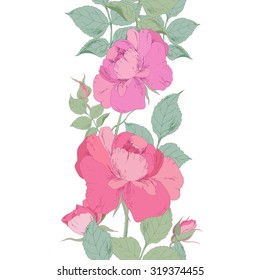 Seamless background with pink roses. Hand drawn vector illustration