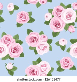 Seamless background with pink roses on blue. Vector illustration.