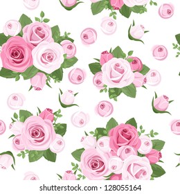 Seamless background with pink roses on white. Vector illustration.