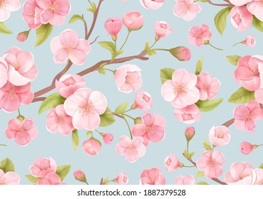 Seamless background of pink Sakura blossom or Japanese flowering cherry. Spring flowers, leaves pattern for wedding backdrop, textile, fabric, exotic texture