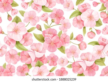 Seamless background of pink Sakura blossom or Japanese flowering cherry. Spring flowers, leaves pattern for wedding backdrop, textile, fabric, exotic texture