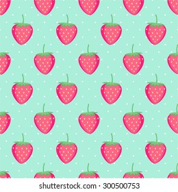 Seamless background with pink strawberries. Cute vector strawberry pattern. Summer fruit illustration on mint polka dots background.