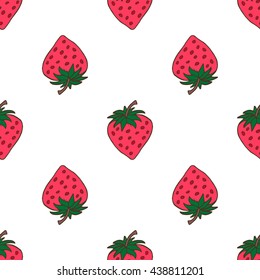Seamless background with pink strawberries. Cute vector strawberry pattern. Summer fruit illustration on mint polka dots background.