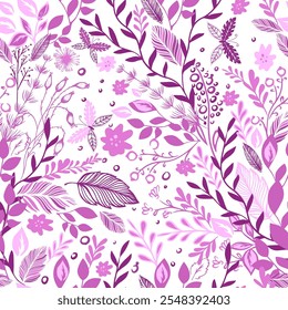 Seamless background with pink twigs and flowers. For fabric prints, textiles, clothing. hand drawing. Not AI, Vector illustration.