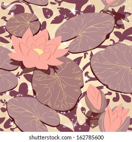 Seamless background with pink water lilies. Vector pattern.