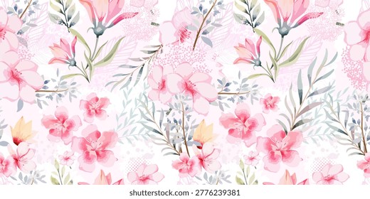 Seamless background with pink watercolor delicate flowers. Hand drawn. Not AI, vector illustration