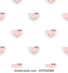 Seamless background with pink watermelon slices. Cute fruit pattern. Summer food vector scandinavian illustration. Design for baby textile, wallpaper, web, fabric and decor.