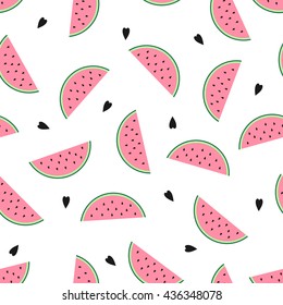 Seamless background with pink watermelon slices. Cute fruit pattern. Summer food vector illustration. Design for textile, wallpaper, web, fabric and decor.