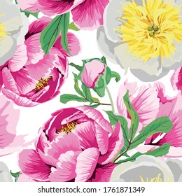 Seamless background with pink white yellow peony flowers. Traditional Chinese ink painting illustration. White background.
