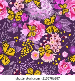 Seamless background from pink and yellow flowers with butterflies. On a dark background. Vector illustration