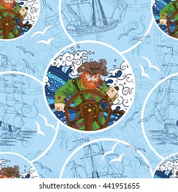 Seamless background with pirate by helm, ships and gulls on blue. Sea doodle illustration with vintage transportation emblems, hand drawn repeated vector drawing with marine elements, nautical pattern