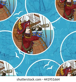 Seamless background with pirate, ships and gulls on blue. Sea doodle illustration with vintage transportation emblems, hand drawn repeated vector drawing with marine elements, nautical pattern