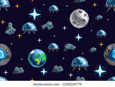 Seamless background in pixel design with spacecraft and stars on dark blue background 