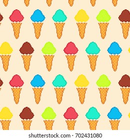 Seamless background of pixel ice cream. Vector pattern.