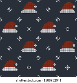 Seamless background with pixel snowflakes and santa hat. Winter vector illustration for New Year and Christmas. 8 bit. Pixel art.