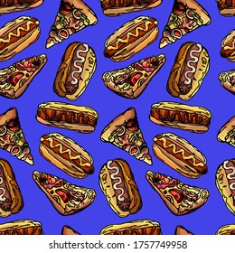 Seamless background of pizza and hot dog on dark blue background, cartoon style isolated on white background, packaging, snack bar, cafe, dinner,students, food, food advertisement, gift paper wrapping