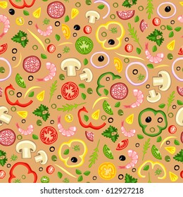 Seamless background of pizza ingredients. Delicious pattern.