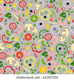 Seamless background of pizza ingredients. Delicious pattern.