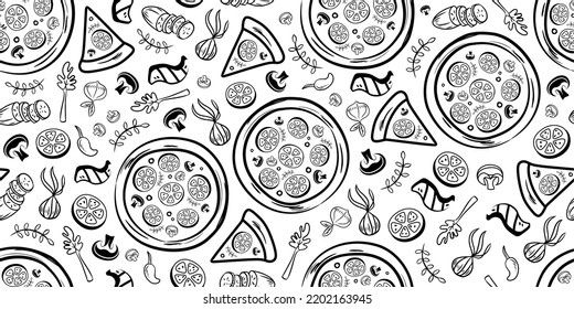 Seamless background with pizza and sketches of dishes on a chalkboard. Food collection in vector. Pizzeria. Drawn pizza elements. Grilling time. Grilled meat, mushrooms, pizza, pepperoni. Bbq vector