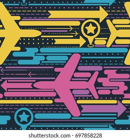 seamless background with planes, arrows and lines, can be used for travels and airports, trendy funky colors, vector illustration