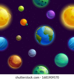 seamless background with planets cartoon planets and stars, vector illustration