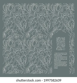 Seamless background with plant motifs. Outlines of leaves and large flowers