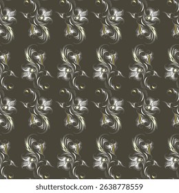 Seamless background of plant ornament from light beige golden abstract figures in the form of flowers on a dark beige background, vector illustration, for decor Fashionable modern wallpaper or textile