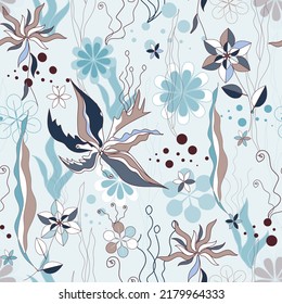 Seamless background of с plants, algae in blue tones. Vector hand drawn illustration